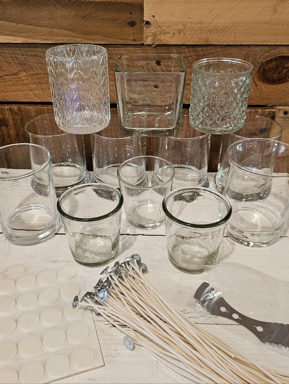 12 Glass Vessels For Candle Making w/ 43 Wicks, 60 Stickers & Centering Tool